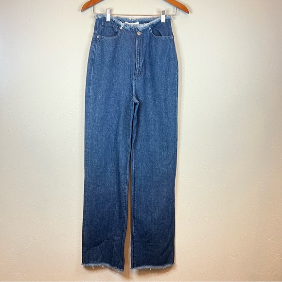 We Wore What Hi Rise Frayed Waistband Straight Women’s Indigo Jeans Sz 24 NWT - Picture 5 of 15